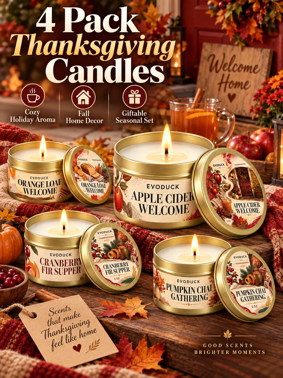 4Pcs Cranberry Fir Supper Scented Candles Set 3oz Gold Tin Jar Thanksgiving Holiday Dinner Table Decor Gift for Host Guest Women