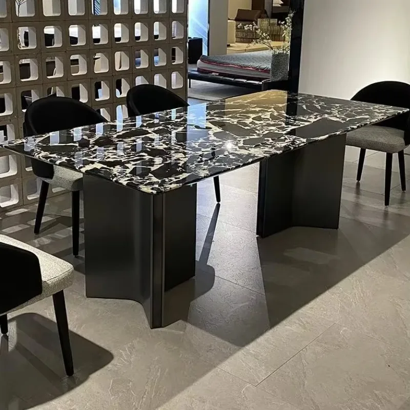 Modern simple stainless steel natural marble luxury stone dining table for home use, a set of high-end small apartment dining
