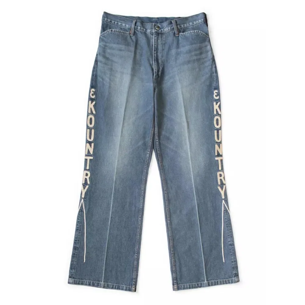 Japanese Style Kapital Retro Front and Rear Center Embroidered Straight Leg Jeans for Men and Women