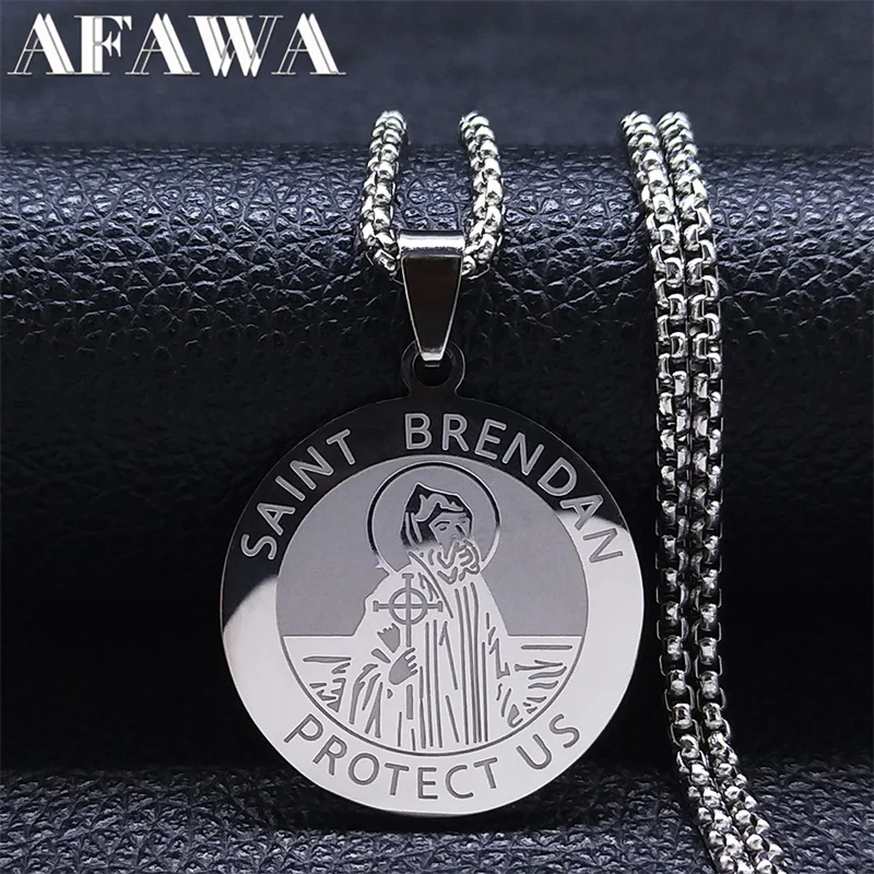 

SAINT BRENDAN Stainless Steel Round Pendant Necklace Women/Men Silver Color Religious Archangel Necklaces Jewelry collier 3190