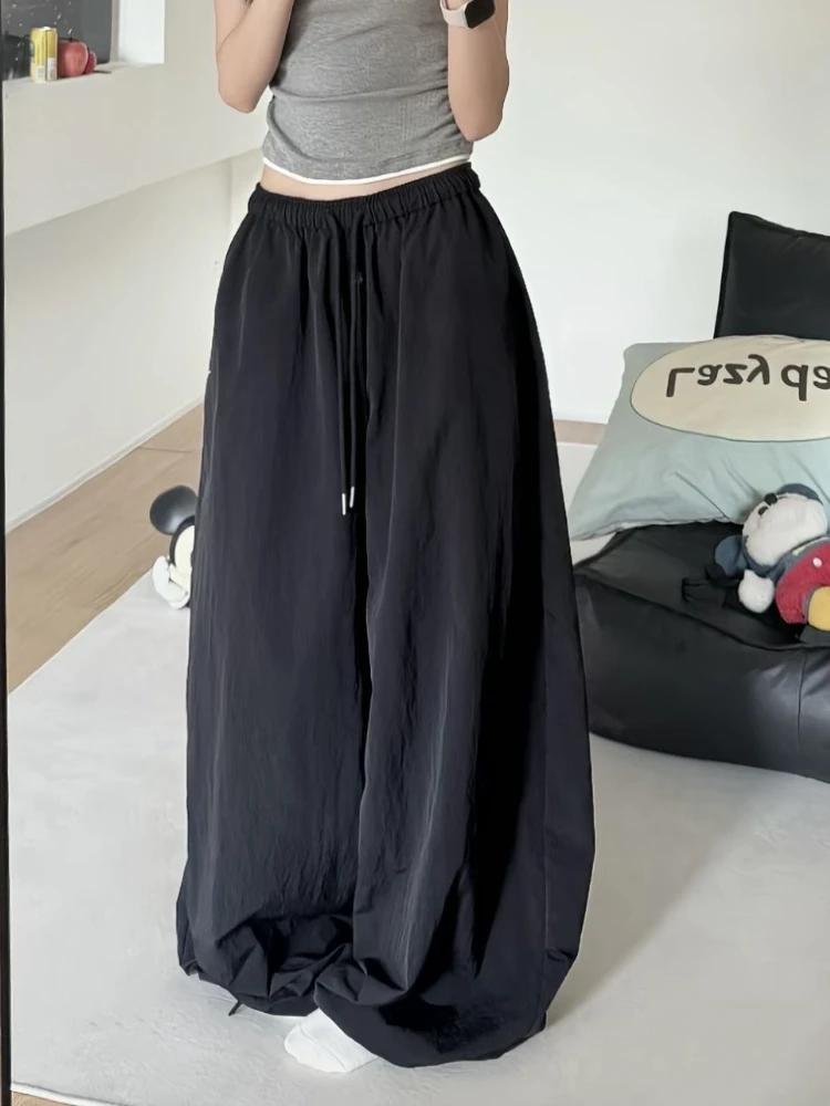 HOUZHOU White Oversized Women Pants Casual Embroidery Baggy Trousers Korean Style Basic Black Wide Leg Parachute Pants Joggers