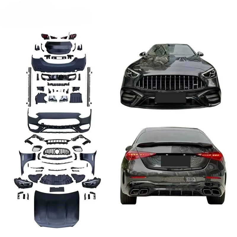 W205 إلى W206 عدة ل 2015-2021 C الفئة W205 ترقية W206 C63 مصدات السيارة هود غطاء صندوق السيارة المصابيح الأمامية القديمة إلى طقم الجسم الجديد