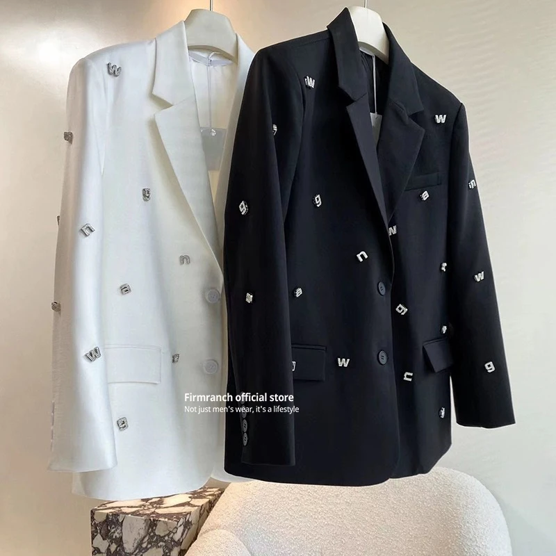 Firmranch New Black White Letter Inlaid Diamond Metal Decor Tailored Suit Jackets For Women Spring Autumn Blazers