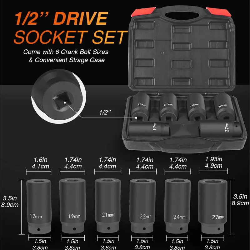 6 Pack Crank Bolt Socket Set, 17MM, 19MM, 21MM, 22MM, 24MM, 27MM, Harmonic Balancer Socket Set, 1/2-Inch Metric Deep Impack Sock