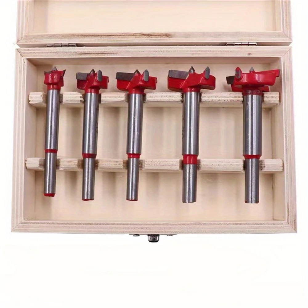 5-teiliges Set 15mm-35mm Holzbearbeitungs-Scharnierlochöffner-Set & Holzbox, Positionierbare Einstellbare Hartmetall-Flachflügel-Fotzner-Bohrer