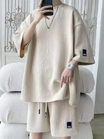 2025 3D 남성용 신상 와플 여름 슈트 캐주얼 티셔츠 + 반바지 슈트 블랙 화이트 남성 트레이닝복 단색 트레이닝복 루즈핏 슈트