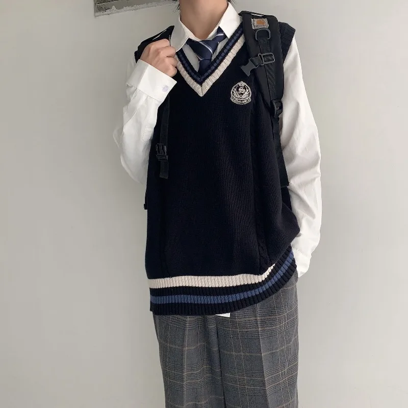 Loose Preppy Japanese Style Men's V-Neck Sweater Vest Knitted Cardigan Embroidered Patchwork Couple Layering Outerwear Uniform