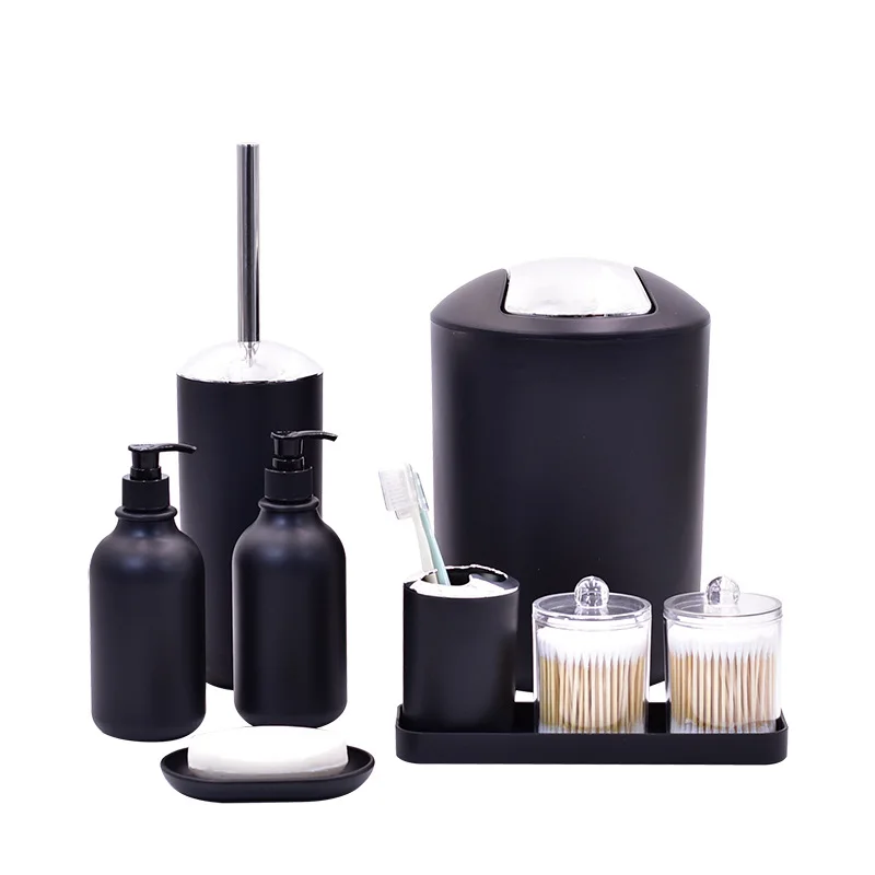 Bathroom Accessories Set 9 Piece Soap Lotion Dispenser Toothbrush Holder Soap Toilet Brush Trash Can Bathroom Essential Room Set