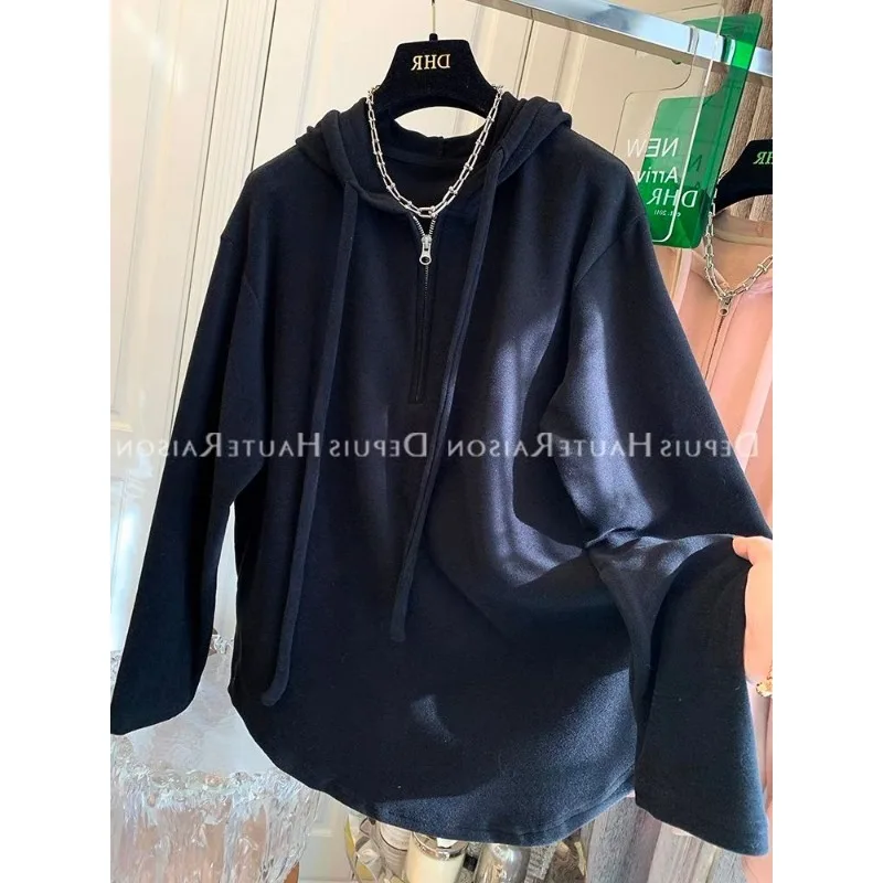 ソリッドカラーのプルオーバーフード付きスウェットシャツ、女性用、秋と冬、厚みのあるジッパー付き長袖スポーツカジュアルトップ