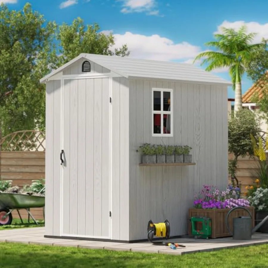 Outdoor storage shed for feet with plastic construction, gray color, weather-resistant and includes floor