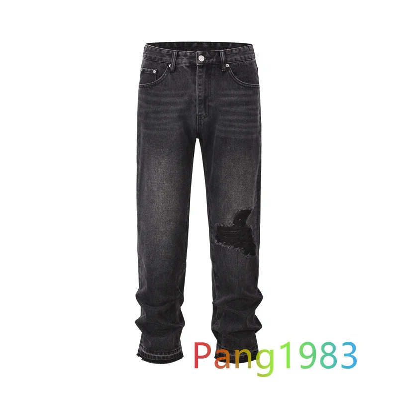 Street Fashion Washed Perforated Jeans Men Women High Quality Spliced Loose Straight Leg Jeans