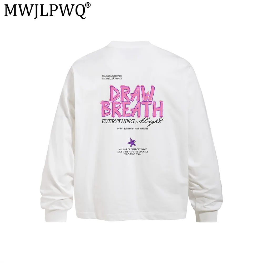 MWJLPWQ Hand-Painted Letter Print Loose Long-Sleeve T-Shirt For Men American Street Round-Neck Fashion Ins Style Casual 20671