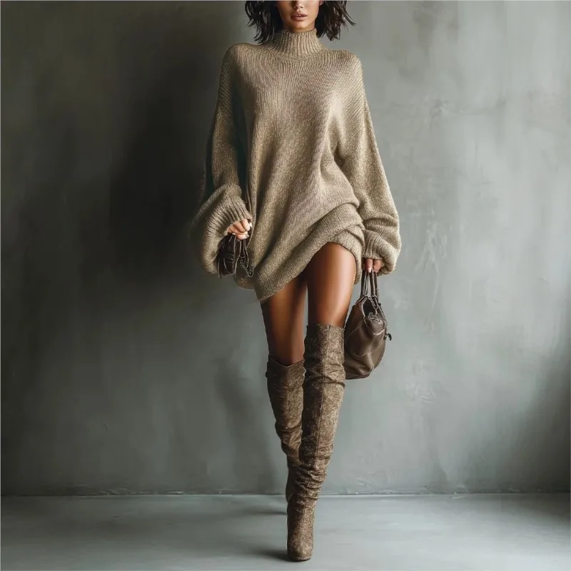 Retro Solid Color Women's Knitted Sweater Dress Autumn Winter Fashion High Neck Loose Mini Dresses Ladies Warm Office Clothing