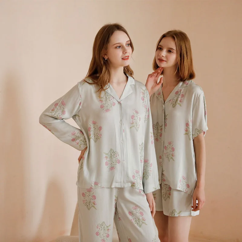 Stylish Comfortable Flower Print Satin Pajama Set Women's Long Sleeved Pants Casual Viscose Loungewear Perfect for Cozy Nights