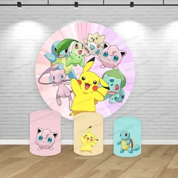 Pink Pokemon Birthday Backdrops Cover Decor Kids Boys Party Round Background Pocket Monster Pikachu Cylinder Elastic Baby Shower