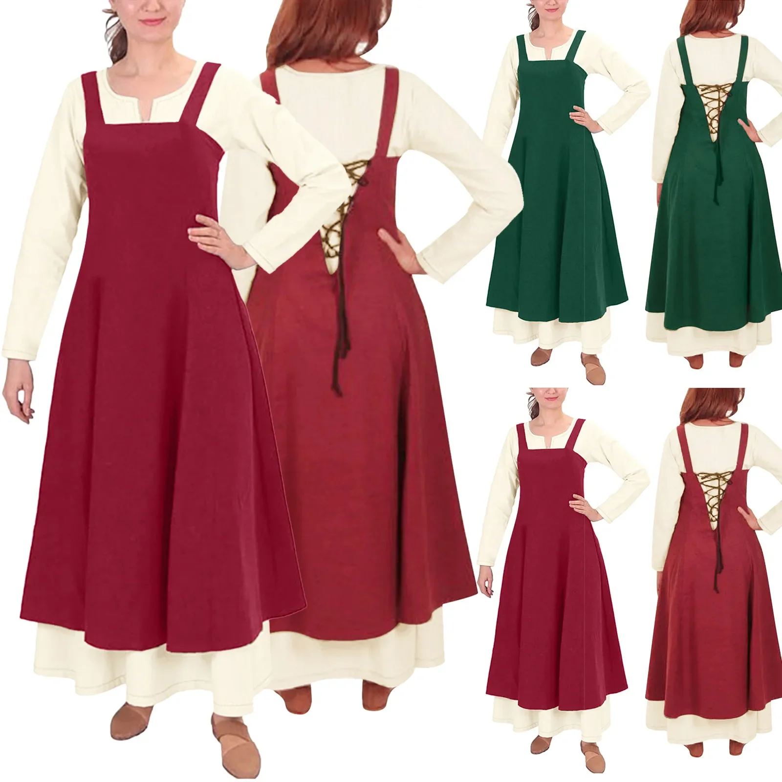 Gaun jubah Wanita Lengan Flare, Set dua potong, gaun tunik, gaun, celemek Viking, abad pertengahan, klasik, Retro, mode