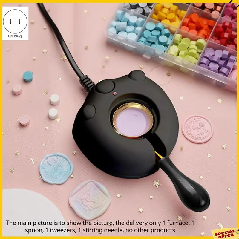 A24P جهاز تسخين ختم الشمع الكهربائي، طقم ختم الشمع الأسود مع ملعقة وملاقط أداة رائعة لأختام الشمع DIY، قابس أمريكي