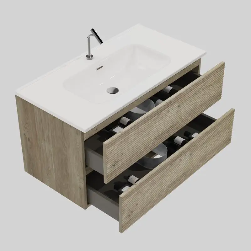 36" Wall Mounted Rough Oak Bathroom Vanity with Integrated Ceramic Sink and Overflow, Spacious Floating Vanity for Modern