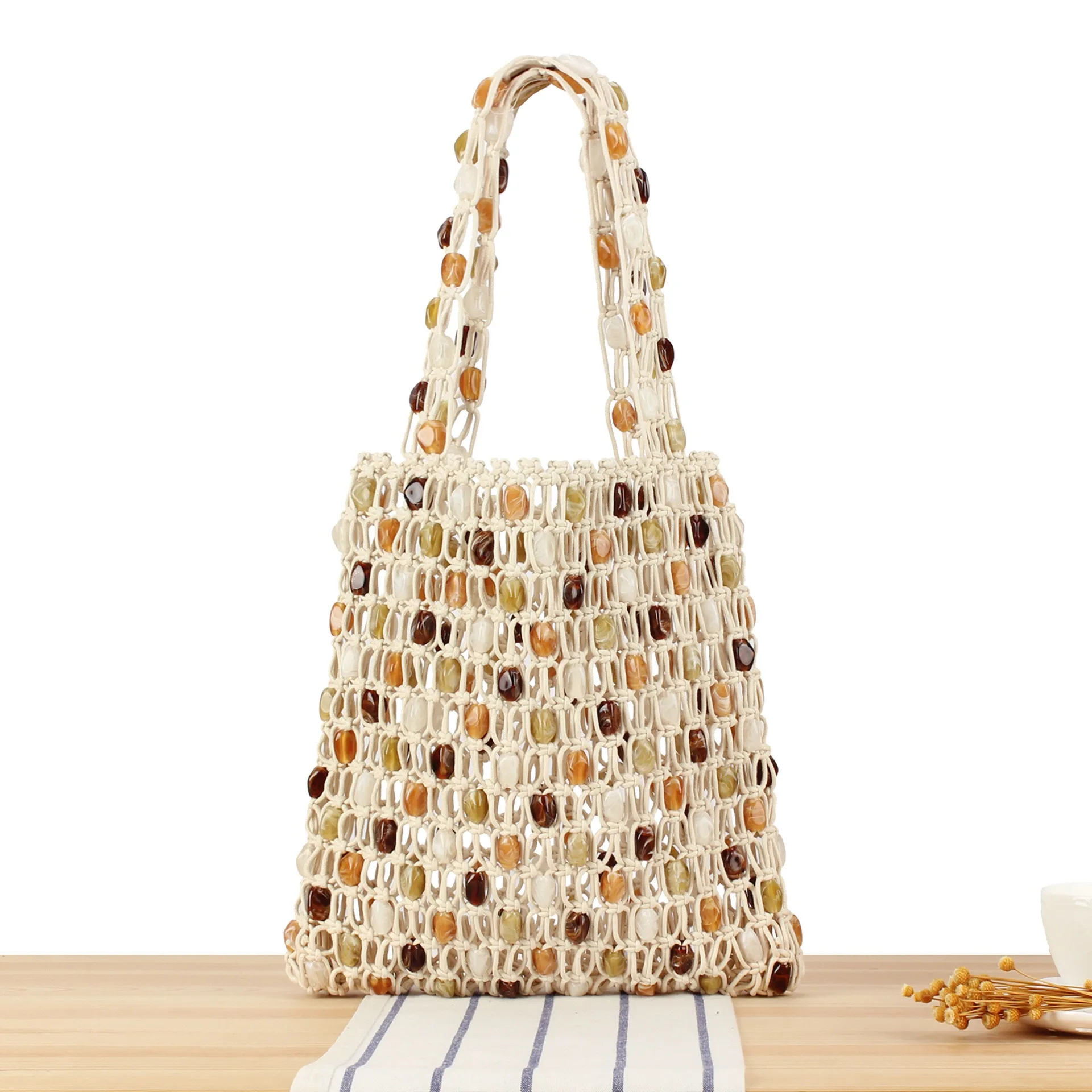 

New Woven Beaded Bag, Vintage European & American Style, Large Capacity Women's Handbag