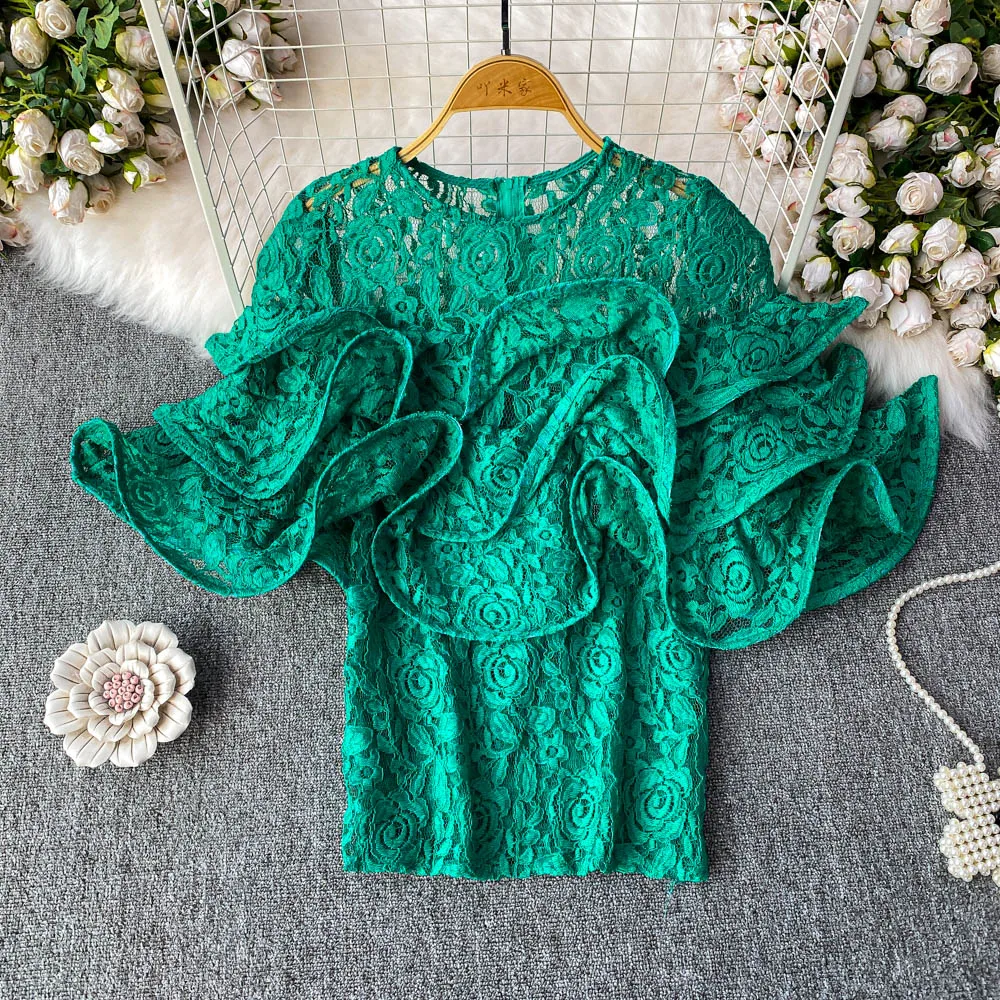 

Vintage ruffle lace loose Blouse Slim Elegant Korean Fashion Sexy Summer Women Shirt Femme Blusa
