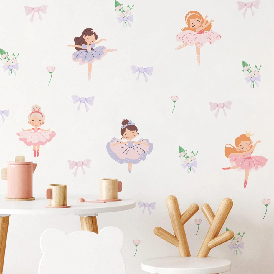 Fairy Ballet Dancer Bow Wall Stickers for Kids Rooms Girls Baby Room Bedroom Decoration Cute Nursery Wallpaper Self-adhesive