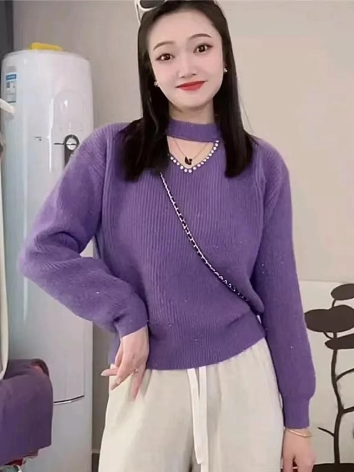 سترة محبوكة سميكة بياقة على شكل V للنساء، تصميم فضفاض يُلبس فوق الرأس، إصدار جديد للخريف والشتاء، ملابس داخلية نحيفة، أسلوب ع... #3