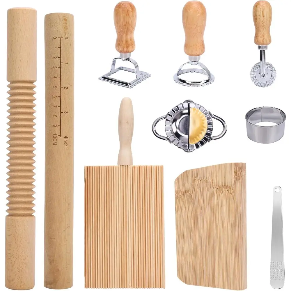 

Pasta Making Tools, 10 Pcs Wood Ravioli Mold Kit with Pasta Cutter Wheel Set of 5, 2 Rolling Pins, 1 Gnocchi Board, 1 Dough Scra