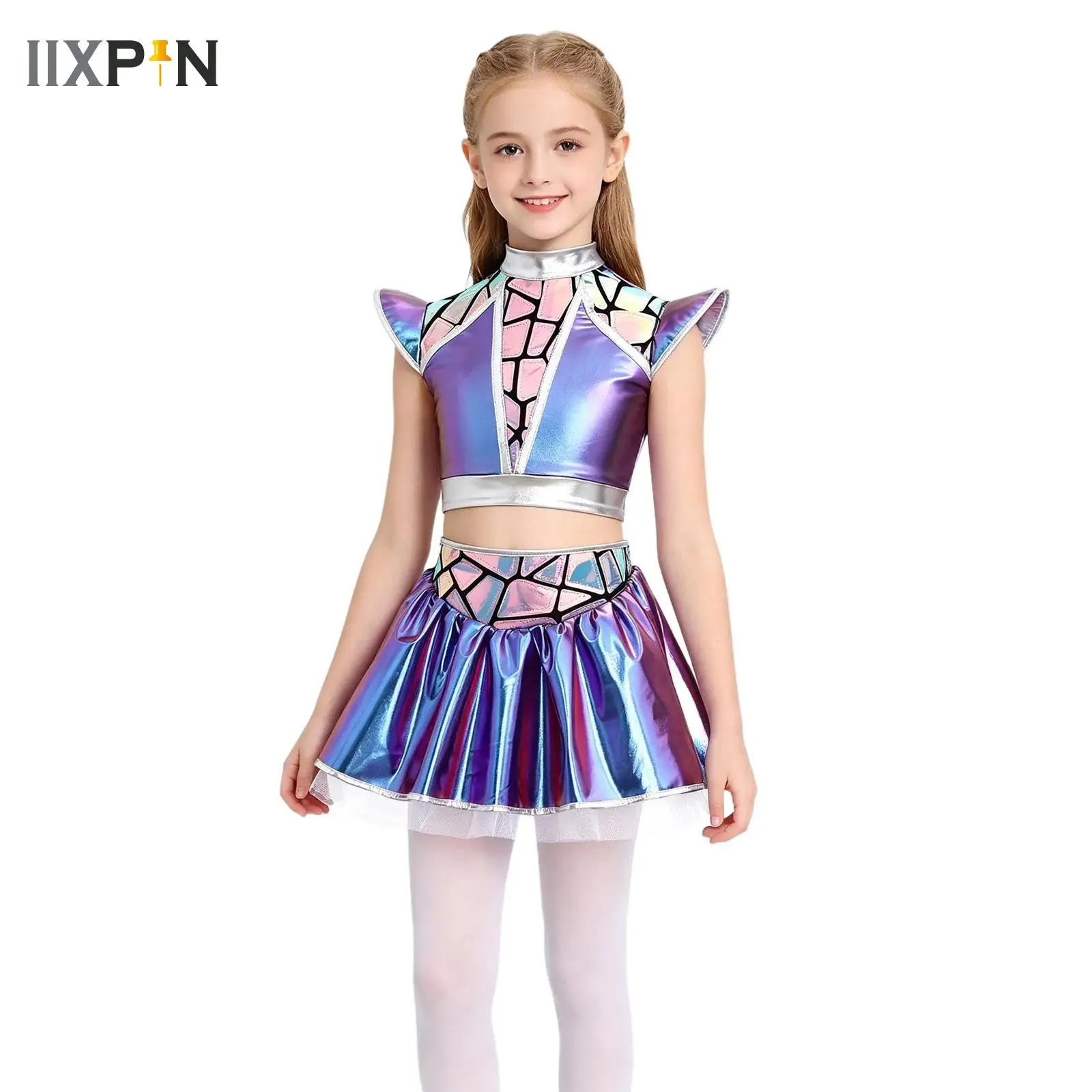 Kids Girls Hip Hop Jazz Dance Outfit 2Pcs Metallic Crop Top with Culottes Skirt for Cheerleading Performance Future World Party