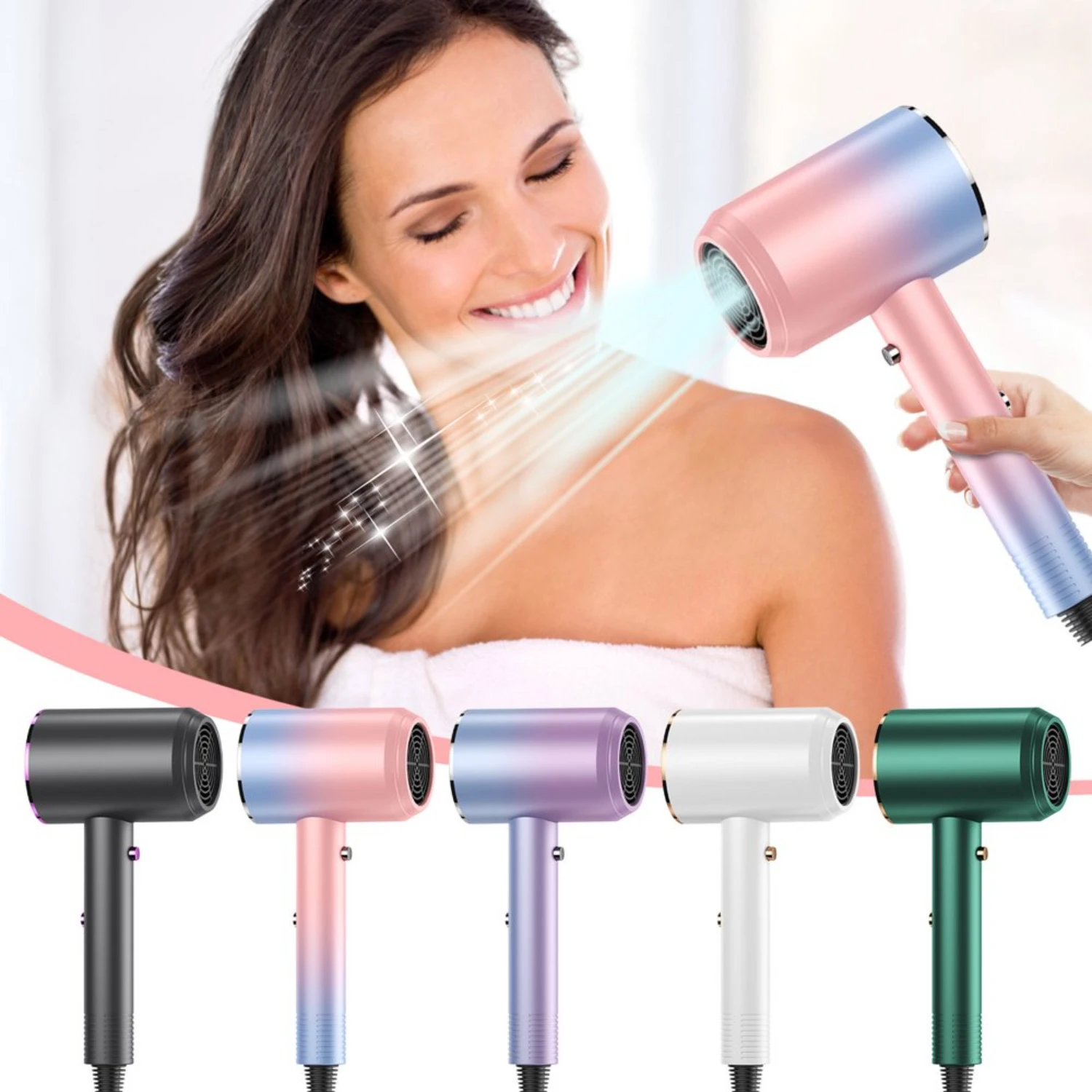 Secador de cabelo com difusor e concentrador - Secador de cabelo portátil para cabelos cacheados, tecnologia de íons negativos, temperatura constante