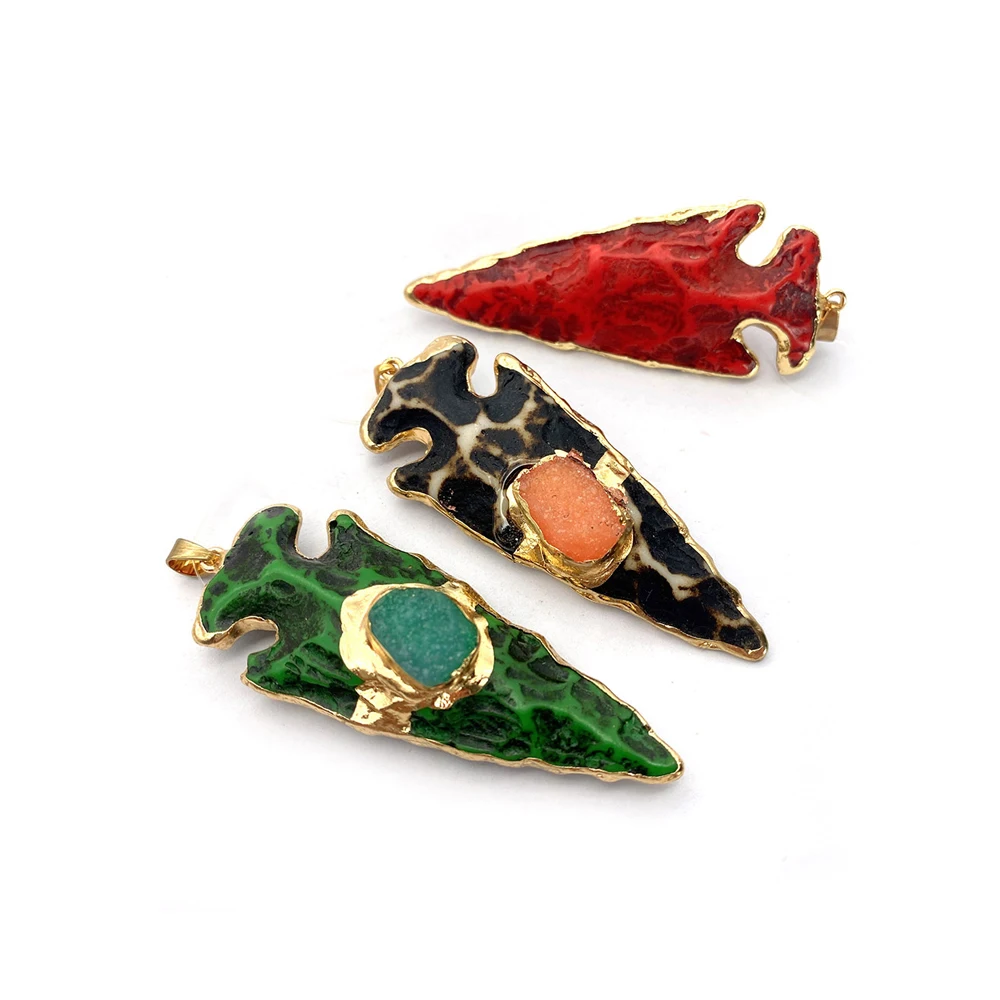 1pc Natural Stone Inlaid Triangular Geometric Resin Color Dyed Single-Hole Electroplated Pendant DIY Necklace Jewelry Accessory