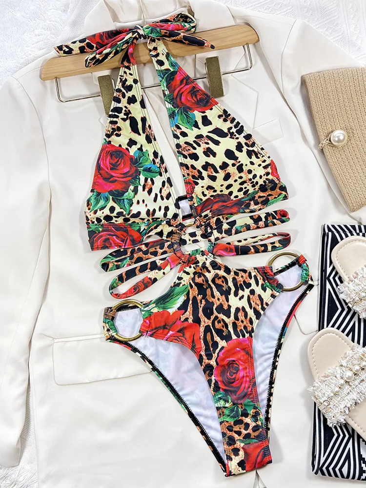 Leopard Floral Print Metal Ring Female Monokini One Piece Swimsuit Women Swimwear Deep V Neck Bather Halter Bathing Suit Swim