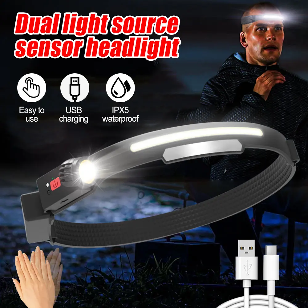 

C2 Camping Induction Usb Headlamp Led Dual Light Source Waterproof Headlight Body Motion Sensor Built In Battery Fishing Lamp