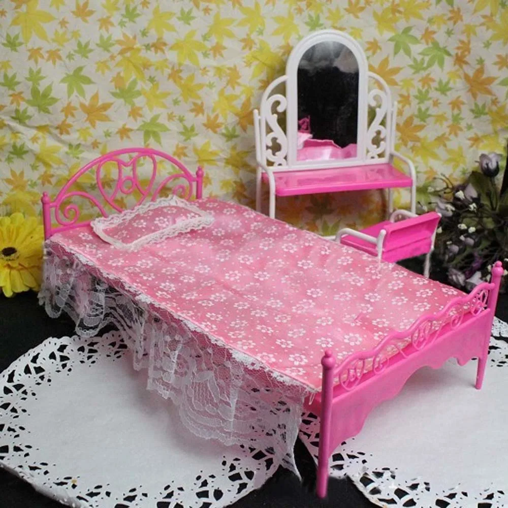 

Kids Mini Fun Pink Doll Single Bed Lace Sheet Pillow Bedroom Furniture Furniture Accessories for Barbie Dollhouse Girl Dolls Toy