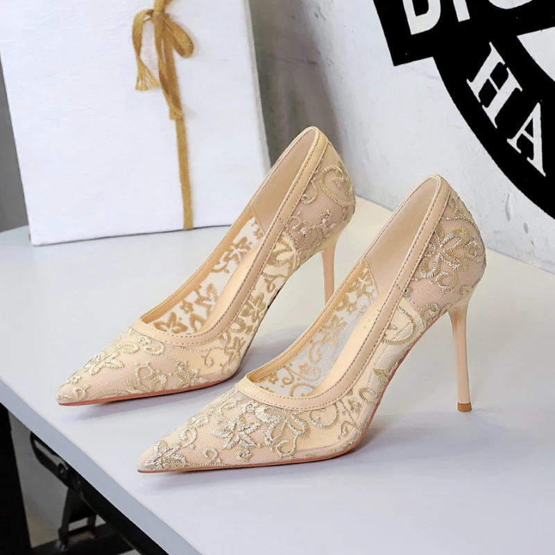 Women Champagne Gold Floral Gold Thread Embroidery Lace Pointed Toe Pumps See-through Mesh Thin Stiletto Heels Bridal Wedding El