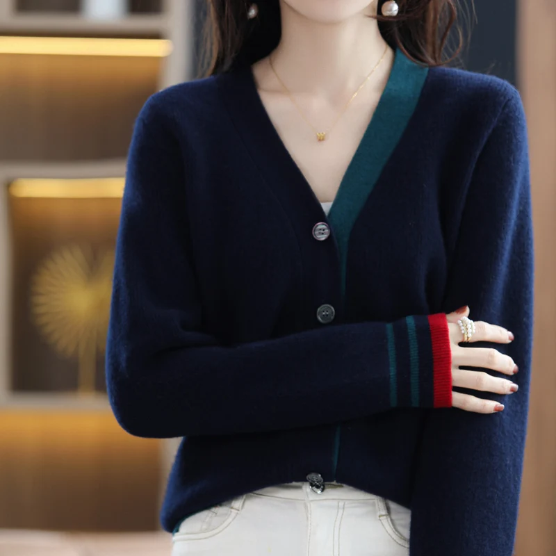 Women's Knit Cardigan Sweater Colorblock V-Neck Design Simple Elegant Pure Wool Retro Soft Single Breasted Loose Casual Fashion