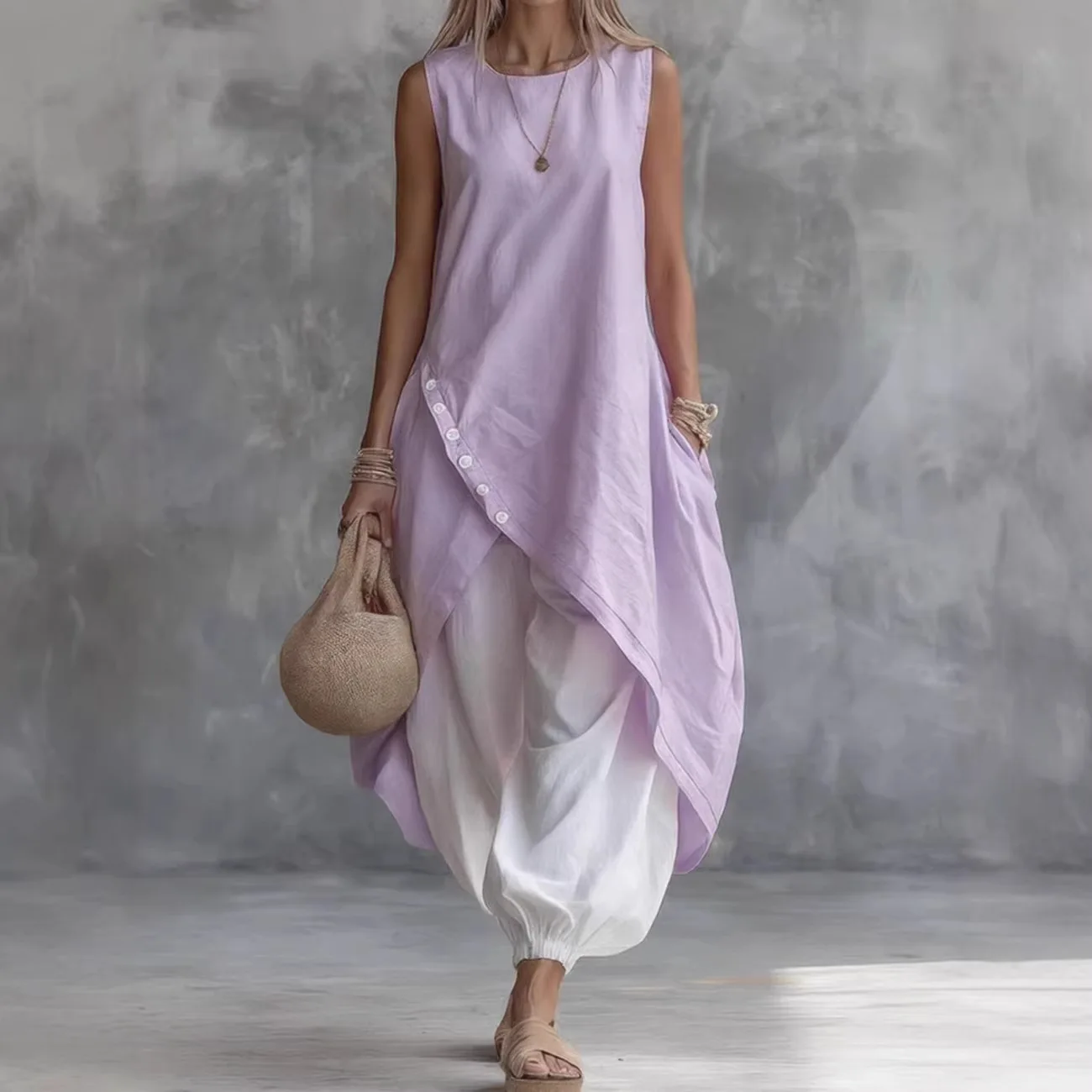 

Women Casual Pant Set Summer O Neck Irregular Hem Shirt With High Waist Pants Two-Piece Set Casual Holiday Outfit For Women