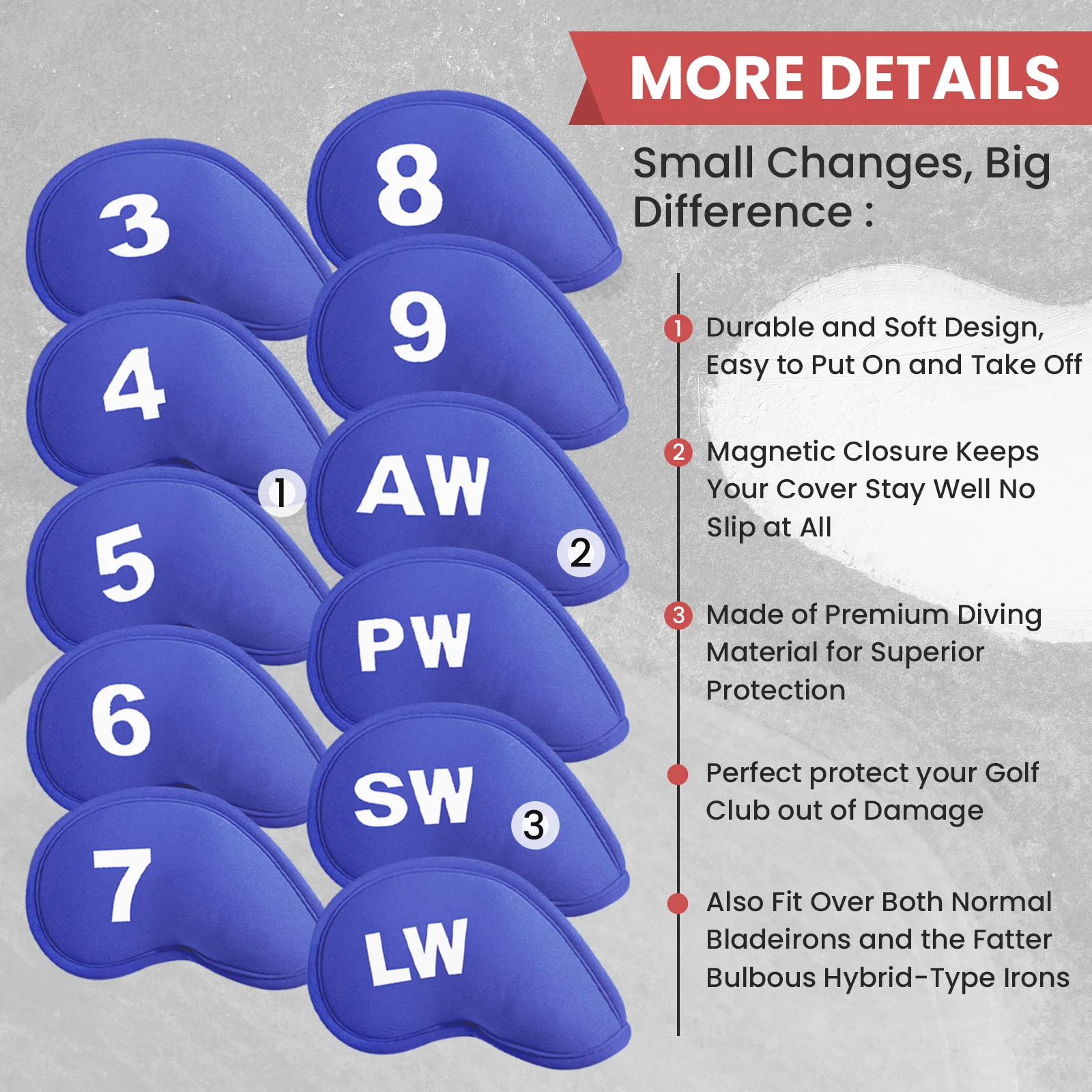 11 Pack Golf Iron Head Covers Magnetic Soft Protection Durable Neoprene with Printed Numbers for Irons