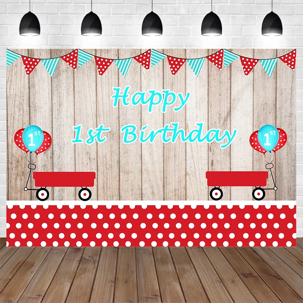 

Happy 1st Birthday Wood Background Red Cart Custom Decorative Backdrop Boy Girl Baby Shower Newborn Photography Photobooth Prop