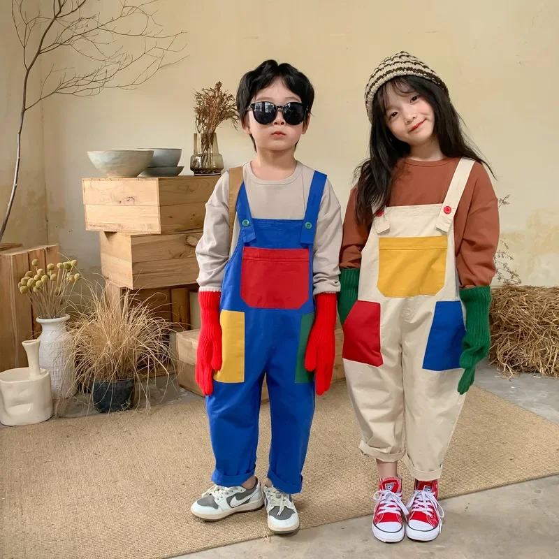 

Spring Autumn Boys and Girls colour patch loose overalls Unisex bib pants Children big pocket cotton suspender trousers