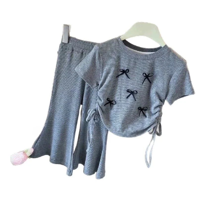 Tops + Flared Pants 2Pcs Suits Kids Sweet T-Shirt Outfits 2-8 Years Girls Bow Print Sets Children's Clothing Summer Short Sleeve