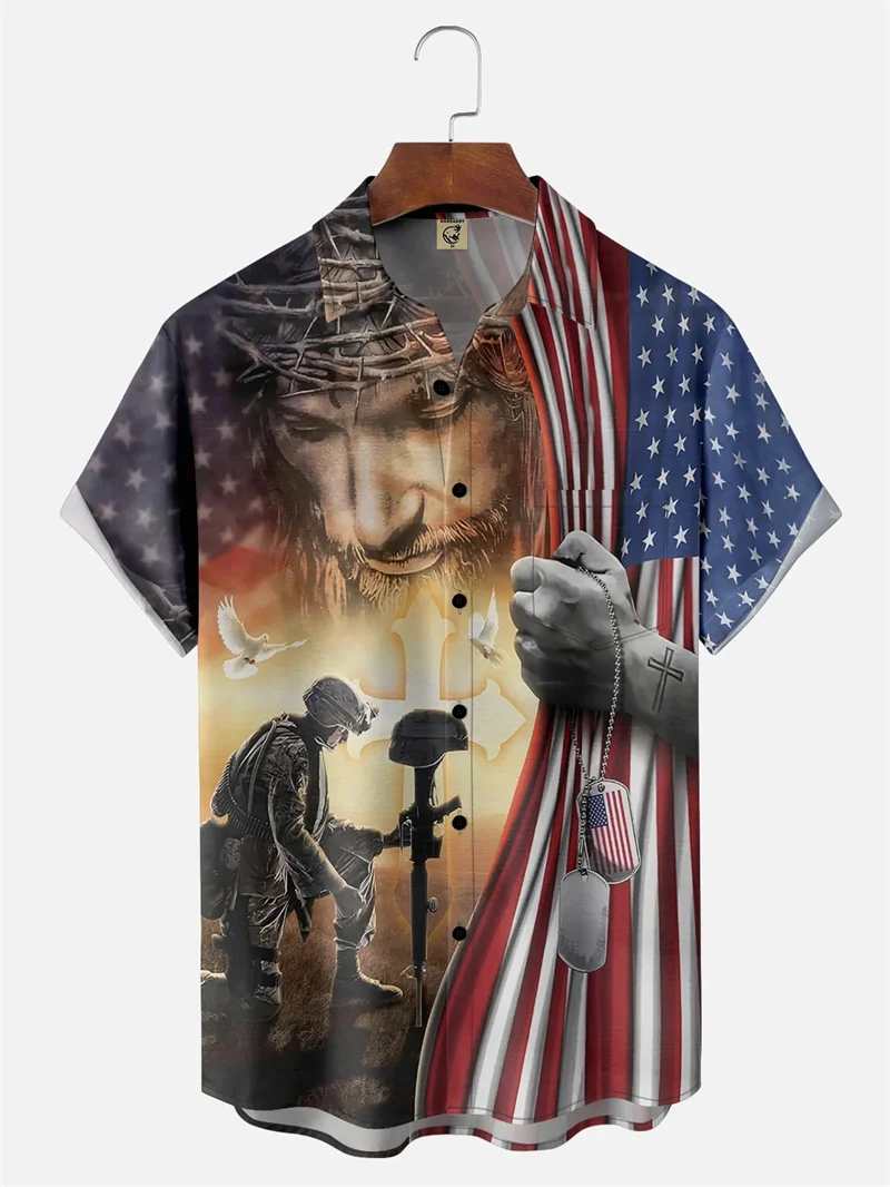 US Flag 3D Printed Shirts For Men Clothes Jesus Cross Graphic Beach Shirts America Happy Independence Day Blouses American Tops