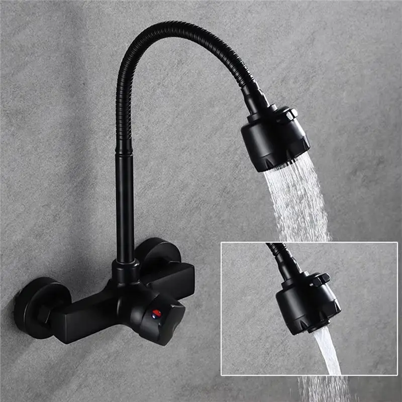 AEE4-Wall Mounted Kitchen Faucet With 360 Degree Rotating Sprayer, Hot And Cold Water