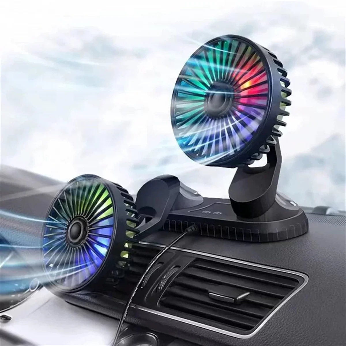 

Car Fan, 360° Adjustable Dual Head USB Cooling Air Fan Low Noise Fan for Car SUV RV Truck ,with Coloured