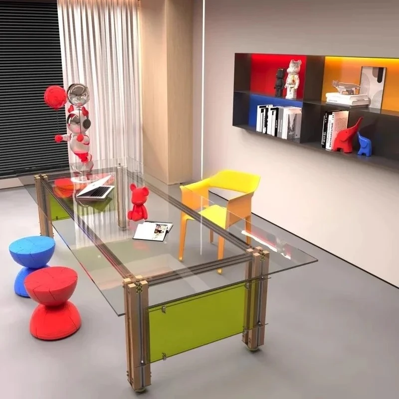 Light luxury creative home bedroom study aluminum profile work desk coffee table tempered glass table desk