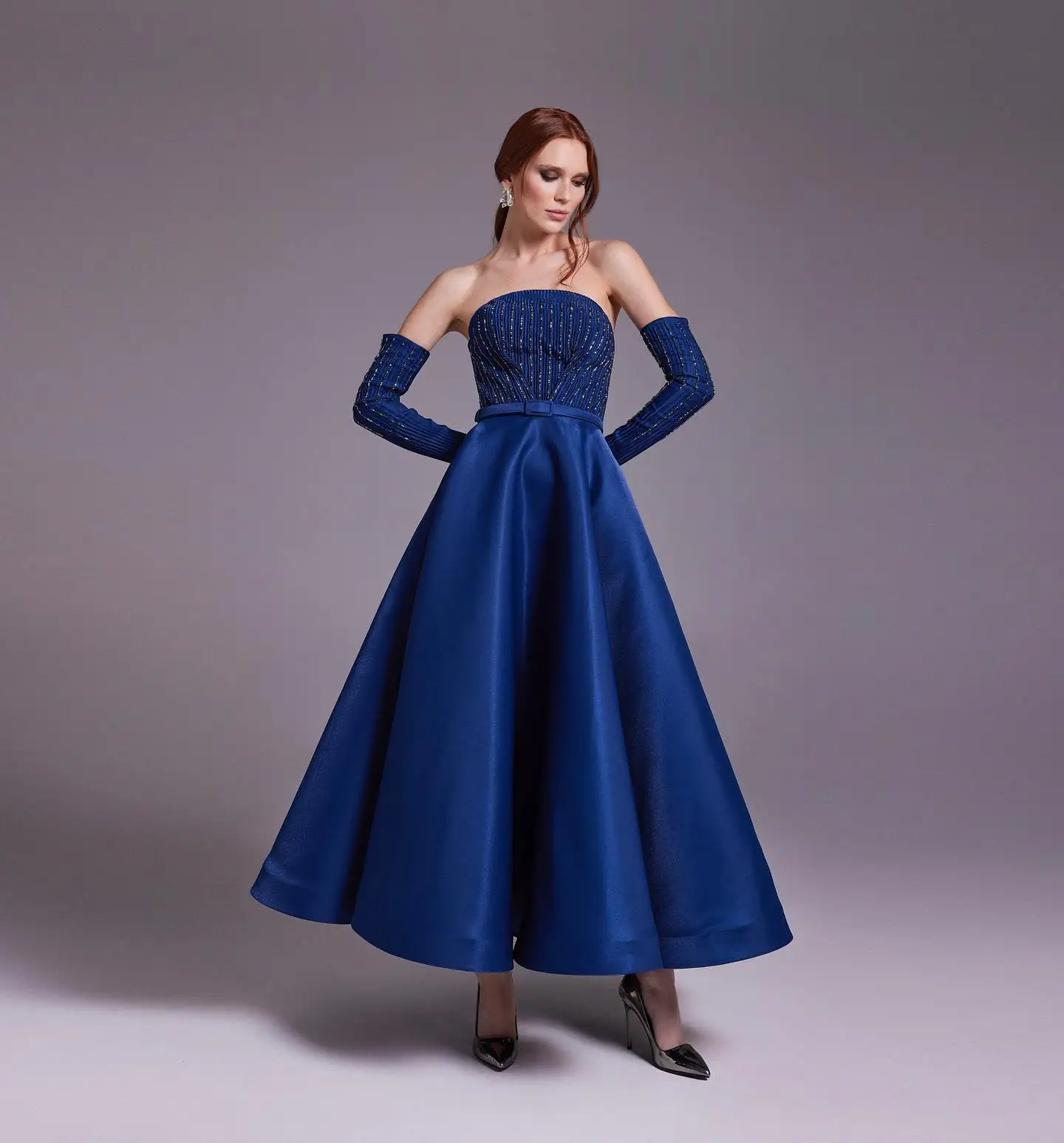 

Customized Exquisite Strapless Detachable Sleeve Beading Crystal Evening Dress Graceful Belt Pleats Satin Vestido De Festa