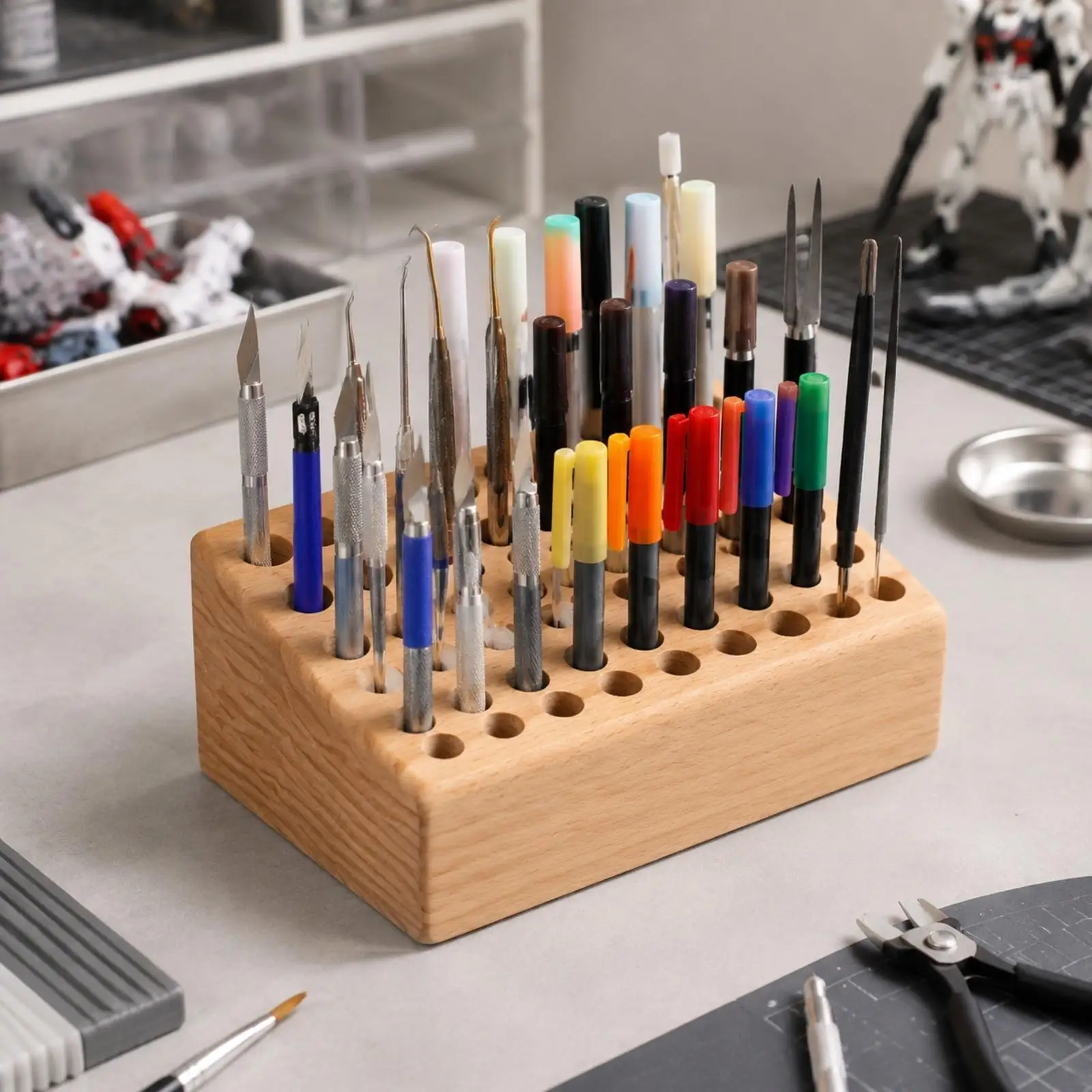 Pen Organizer Holder Beechwood Craft Storage Rack for Desk Art Tool Pencil Brush Storage Workspace Organizer