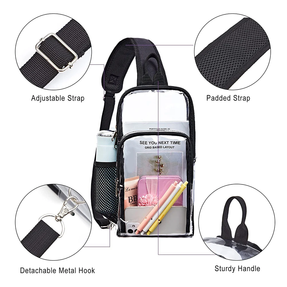 

Transparent PVC Crossbody Bag Stadium Approved Female Sling Chest Pack Waterproof Casual Portable Simple for Weekend Vacation