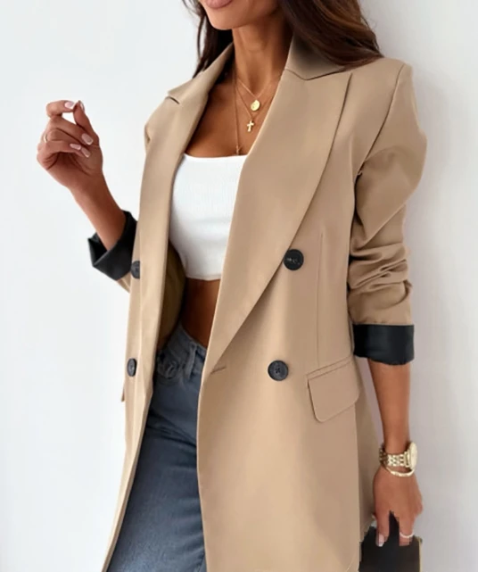 

Women's Blazer Coat Temperament Commuting Trend Solid Notched Collar Double-breasted Long Sleeve Longline Cardigan Coat Top