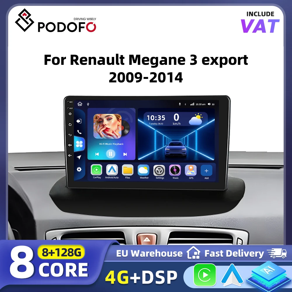 Autoradio Android 2DIN Podofo pour Renault Mégane 3 Export 2008-2014, CarPlay, Android Auto, autoradio 2DIN