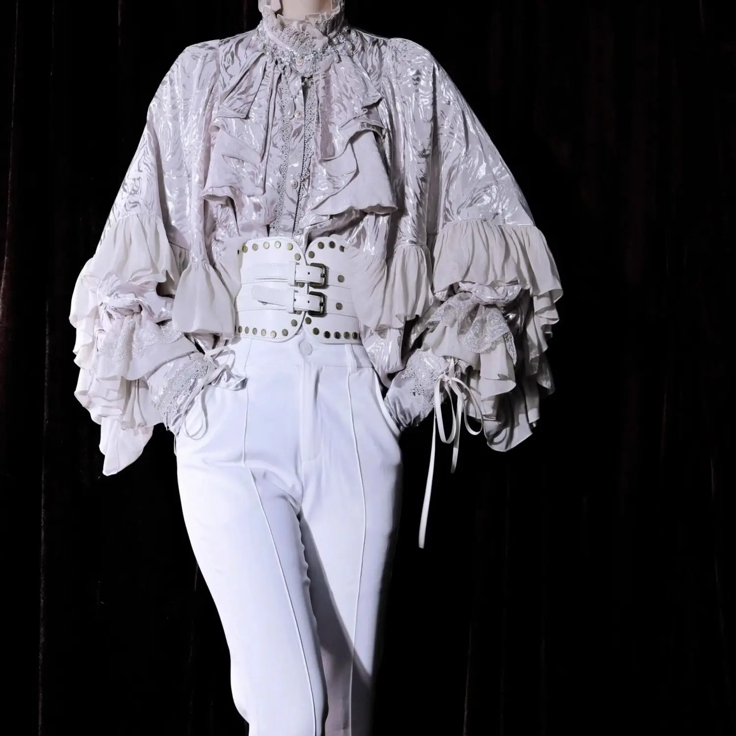 Lolita gothique polyvalent à manches longues chauve-souris chemise printemps automne mode femmes polyvalent volants col montant haut industrie lourde haut